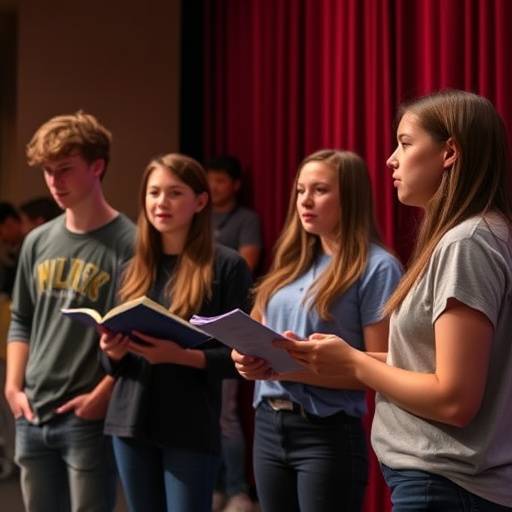 A group of beginners acting on a stage, practicing their lines