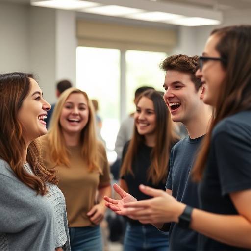 A group of students laughing and enjoying an improv class activity
