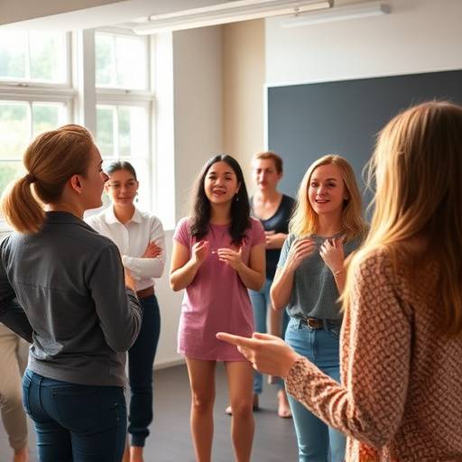 Students participating in a fun acting exercise in an introductory class